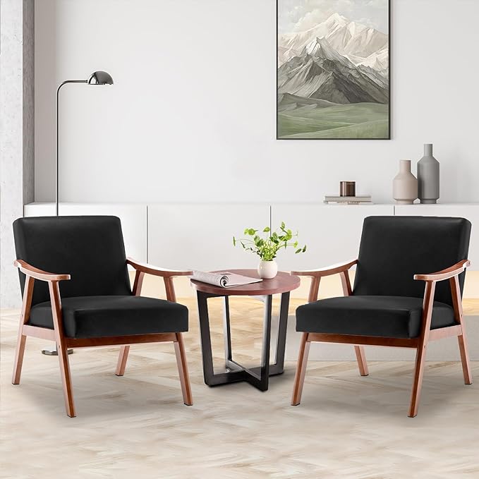 Fefances Mid-Century Modern Accent Chair - Solid Wood Frame Ultra-Thick Backrest Wingback Design Perfect for Bedroom &amp Indoor Lounge AreaBlack