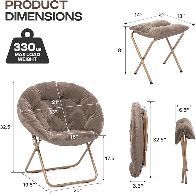 Cozy Saucer Chair Living Room Chair Faux Fur Soft Thick Padded Folding Chair Comfortable Moon Chair for Living Room Bedroom Reading Nook Modern Style Light Brown