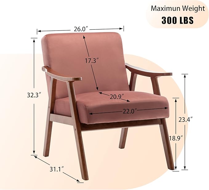 Mid Century Modern Accent Chairs with Solid Wood Frame Comfortable Accent Chair with Arms for Living Room or Bedroom Pink