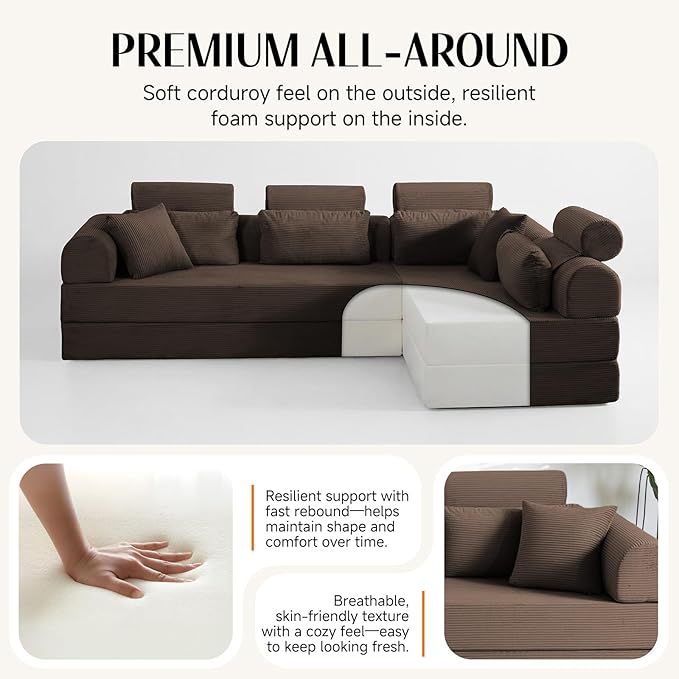 106 L-Shaped Modular Boneless Couch 2-Piece System (2×70.87) Convertible Sectional to 141.7 Straight Sofa Corduroy Couch in a Box Headrest &amp Back Pillows for Living RoomBrown