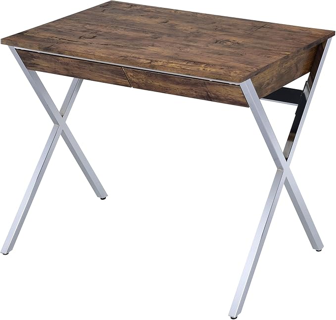 Penau Rustic Weathered Oak Writing Desk with Chrome Accents 2 Spacious Drawers Modern X-Shaped Legs Office and Home Use