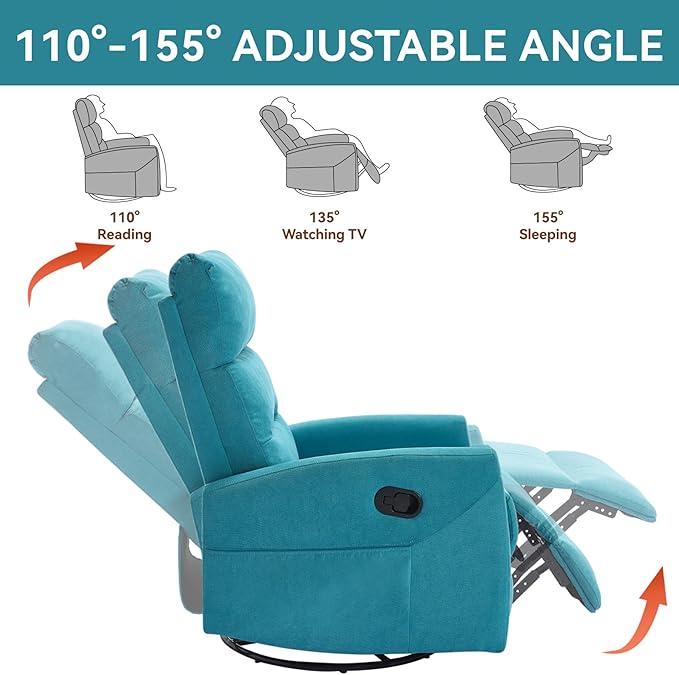 Slim Lazy Boy Recliners for for Adults Swivel Rocking Chair Recliner with High Back Small Recliner Chair for Small Spaces Manual Reclining Chair for Living Room Adjustable Footrest (Blue)