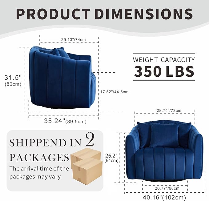 Mlmh &amp Kngwa 40.35 W Swivel Accent Chairs Oversized 360 Degree Swivel Barrel Chair with 3 Pillows Velvet Armchair for Living Room Bedroom Navy