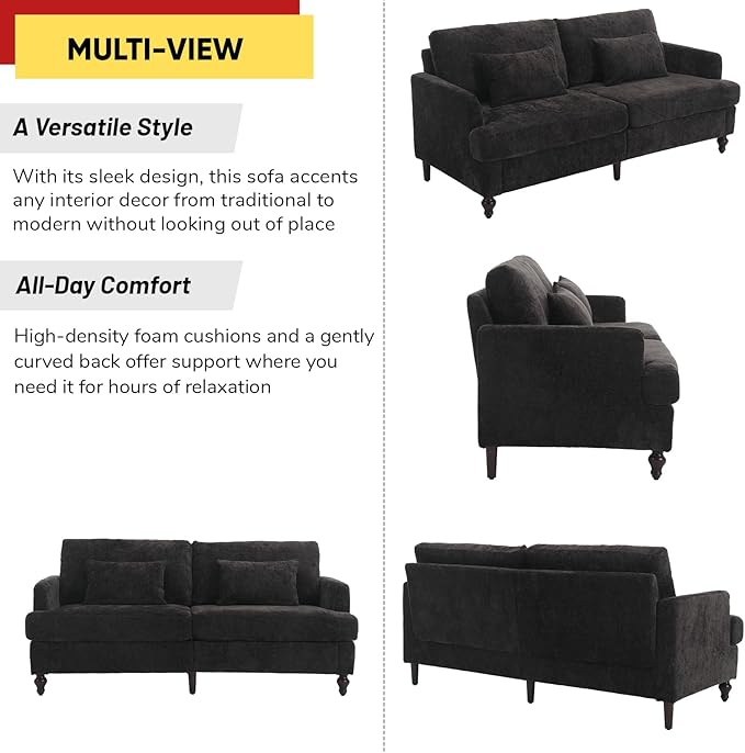 JOYBASE 70 inch Loveseat Sofa Mid-Century Modern Love Seat Couch with Wood Legs Upholstered Comfy Sofa for Living Room Apartment Office Bedroom (Black Chenille)