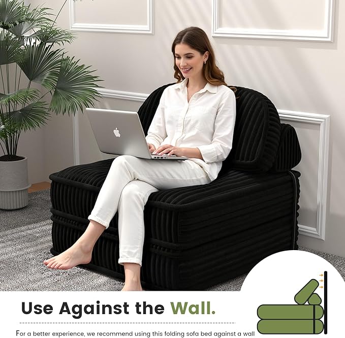 Foldable Sofa Bed in A BoxPortbale Compressed Chair BedCorduroy Convertible Twin Sleeper ChairFull Foam Fold Out Chaise Lounge for Living RoomBedroomApartment (Black)
