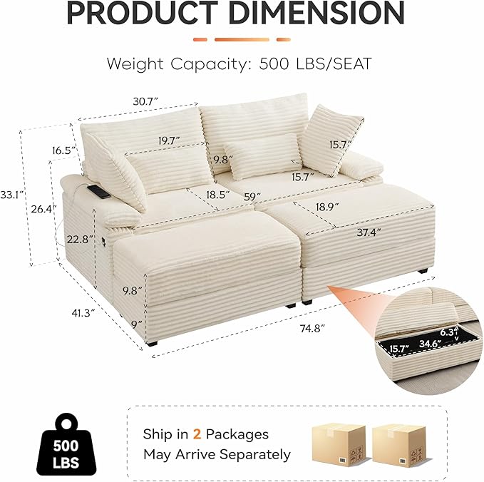 75 Corduroy Loveseat with Storage Ottoman Cloud Deep Seat Couch with Convertible Ottoman Coffee Table &amp USB Double Chaise Lounge for Living Room Beige