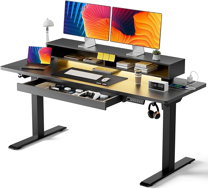 GTPLAYER Electric Standing Desk with Drawers 55 x 24 Inch Height Adjustable Gaming Desk with Monitor Stand Power Outlets &amp LED Lights Home Office Sit Stand Up Desk with Memory Preset (Black)