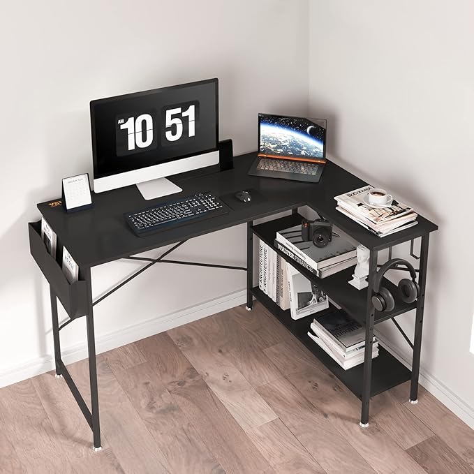 VEVOR L Shaped Computer Desk 47' Corner Desk with Storage Shelves Bag Phone Slot and Headphone Hook L Shaped Office Desk Gaming Desk for Home Office Workstation Black