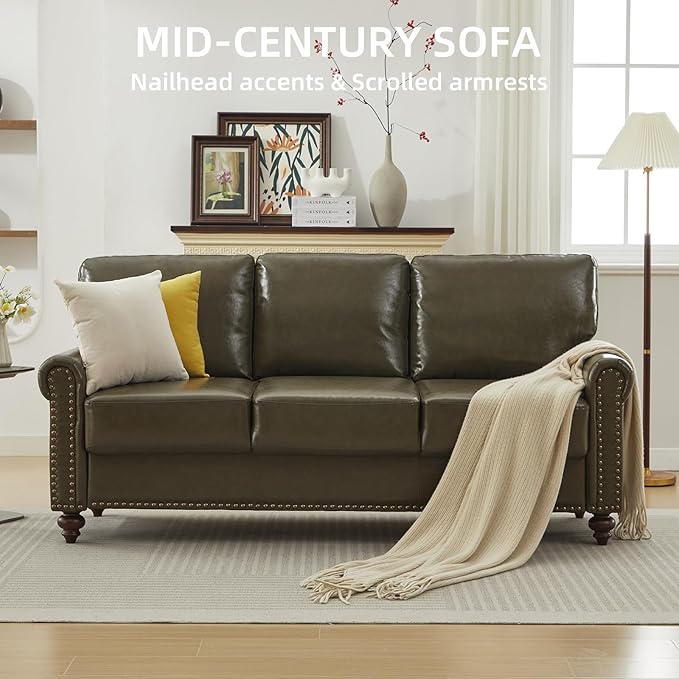 80 Faux Leather Sofa with Storage Mid-Century Modern Rolled Arm Couches for Living Room Furniture Easy Tool-Free Assembly Nailhead Trim(Dark Green)