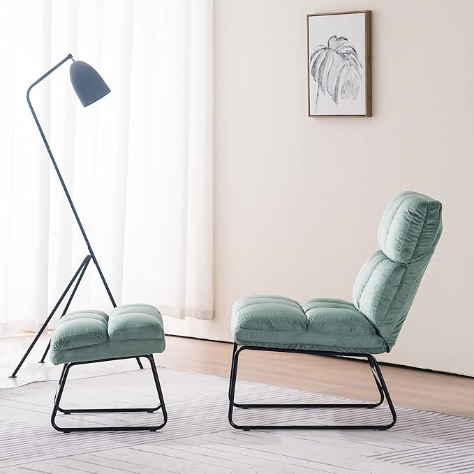MCombo Velvet Accent Chair with Ottoman Set Modern Armless Chair for Living Room Bedroom Small Space 0014 (Velvet Light Green)