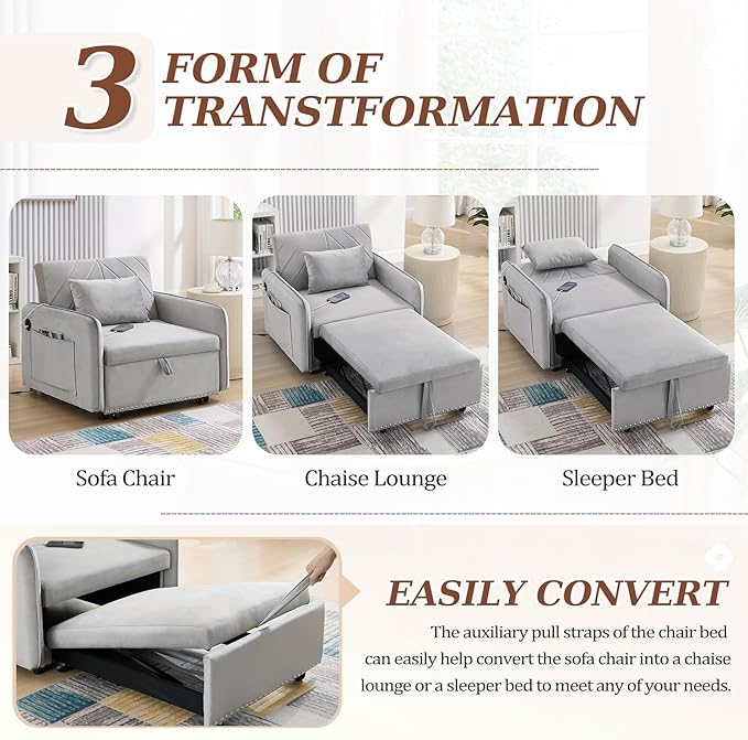 Convertible Sleeper Chair Bed3 in 1 Velvet Tufted Upholstered Single Sleeper Sofa with Adjustable Backrest&ampUSB PortPull Out Recliner Lounger Bed for Living RoomOfficeApartmentSmall Space(Grey