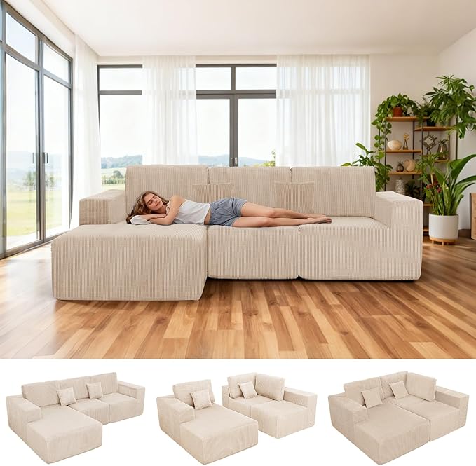 111 Boneless Couches for Living Room 3-Piece Cloud Couch Modular Sectional Deep Seat Compressed Couches for Living Room Bedroom Plush Corduroy Fabric No Assembly Required Khaki