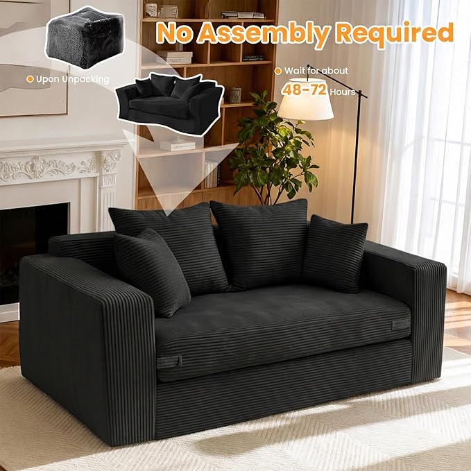 55 Small Boneless Couch 3-in-1 Boneless Loveseat Sleeper Sofa Bed Convertible Sofa Bed with 4 Pillows Black Corduroy Boneless Couch for Living Room Guest Room Small Space No Assembly Required