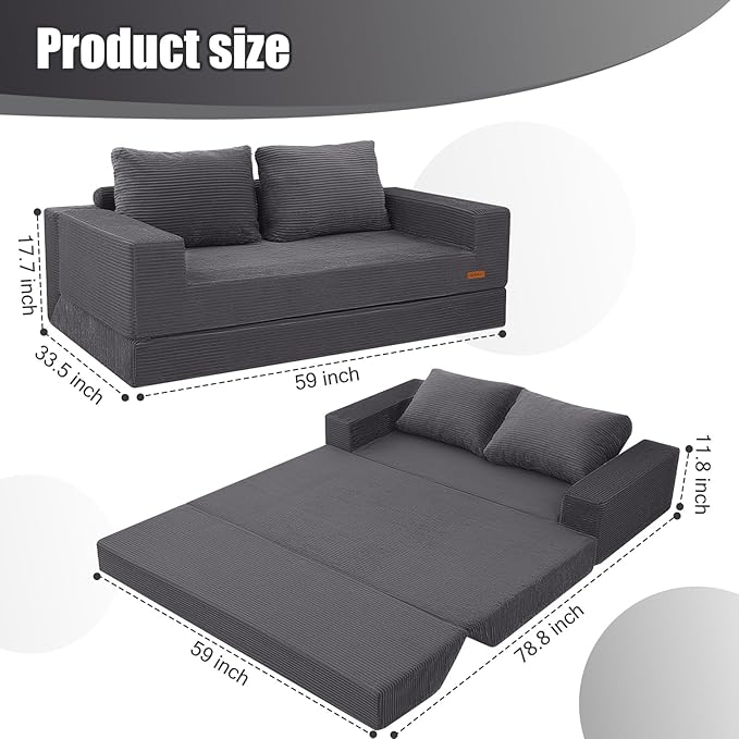 COMAX Convertible Sofa Bed Queen Corduroy Folding Floor Couch Pull Out Couch Bed Futon Sleeper with Pillows Fold Out Boneless Sofa Comfy Lounge Mattress Loveseat for Living Room Bedroom Grey