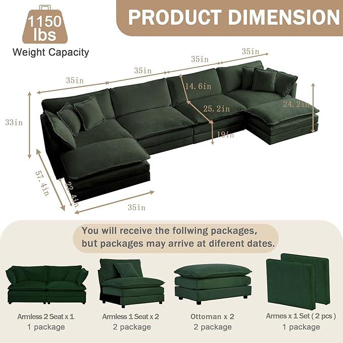 Sectional Sofa 4 Seater with Movable 2 OttomansOversized Modular Couch Deep Seat (Green 146.5 inch-U)