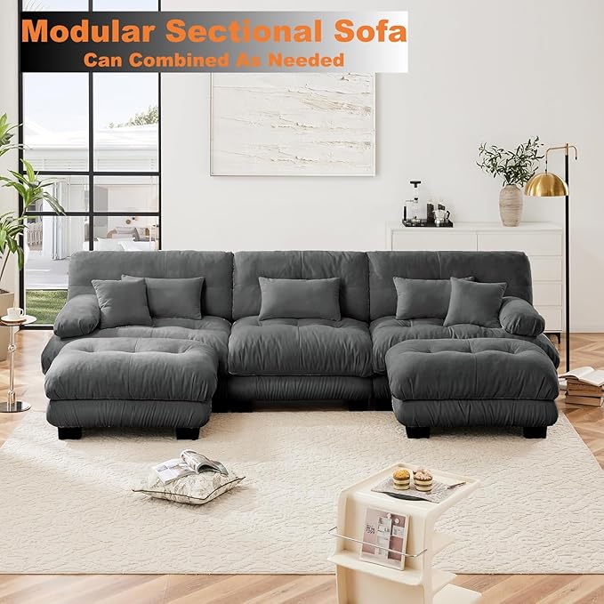 133.8 Oversized U Shape Sectional Modular Sofa - Chenille Deep Seat Sectional Sofa for Living Room Cloud Couches with Throw Pillows &amp Movable OttomanGrey