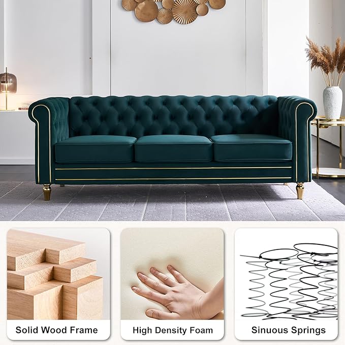 Homtique 84 Modern Green Velvet Chesterfield Sofa 3-Seater Button Tufted Rolled Arms Gold Legs