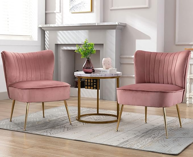 Pink Velvet Accent Chairs Set of 2 with Golden Legs Upholstered Side Chairs Mid-Century Modern Slipper Chairs for Guest Room Comfy Armless Wingback Corner Single Sofa Living Room Chairs