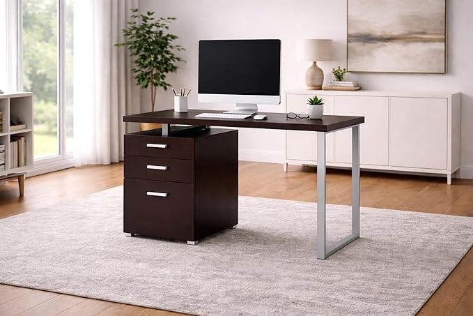 CARTESIAN Vertex Reversible 47 Inch Office Computer Desk with 3 Drawers Cappuccino Finish Silver Metal Frame
