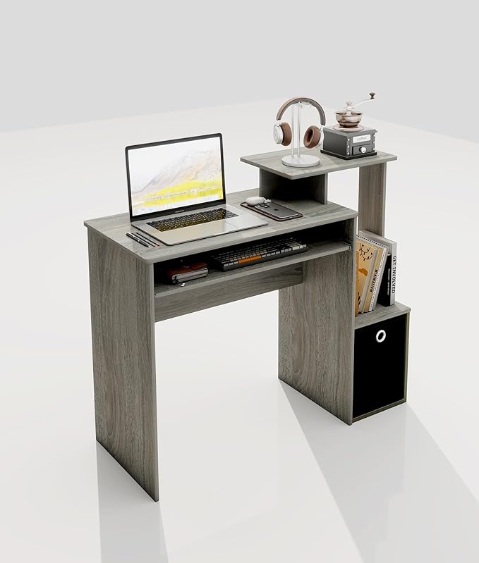 Computer Desk with Drawers Study Table with Storage Shelves Keyboard Tray for Home Office Bedroom Living Room Oak Grey/Black