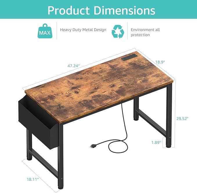 Lufeiya Computer Desk with Power Outlet 47 inch Teen Study Table Home Office Work Writing Gaming Desks with Charging Station Outlets Built in Brown
