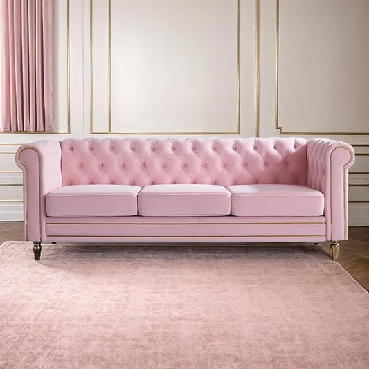 84 Velvet Sofa with Gold Legs Luxury Tufted Couch for Living Room Chesterfield Sofa with Thick Cushion Wide Armrest High-Density Foam Gold Strip Trim (Pink)