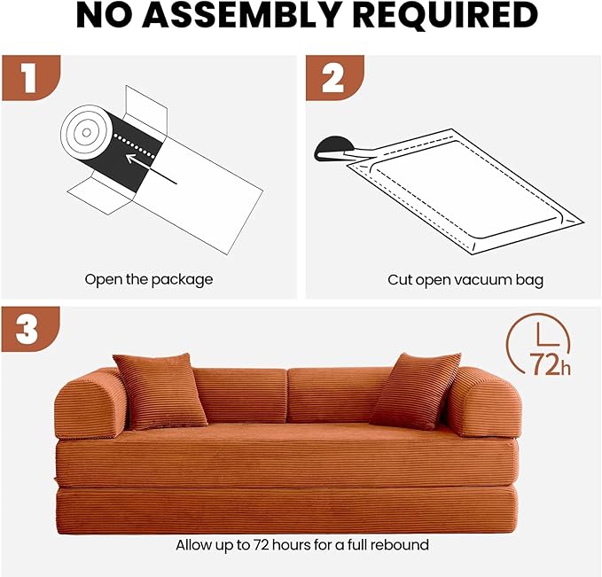 79'' Folding Convertible Sofa Bed Boneless Modular Couch 5-in-1 Pull Out Floor Sleeper Lounge Loveseat for Living Room Bedroom Multi-Function Foldable Sofa (Orange)