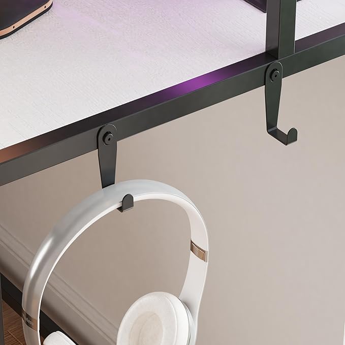 WOODTIME 50.4 W Home Office Computer Desk with LED Lights &amp Power Outlets Gaming PC Desk Study Writing Table with Monitor Stand &amp 2 Fabric Drawers White &amp Black