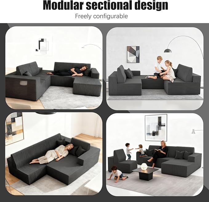 142 Boneless Couch Cloud Modular Sectional Sofa with L-Shape Chaise Modern Upholstered Couches for Living Room Bedroom No Assembly Required (Grey 142 Right Facing Chaise+3 Seaters)