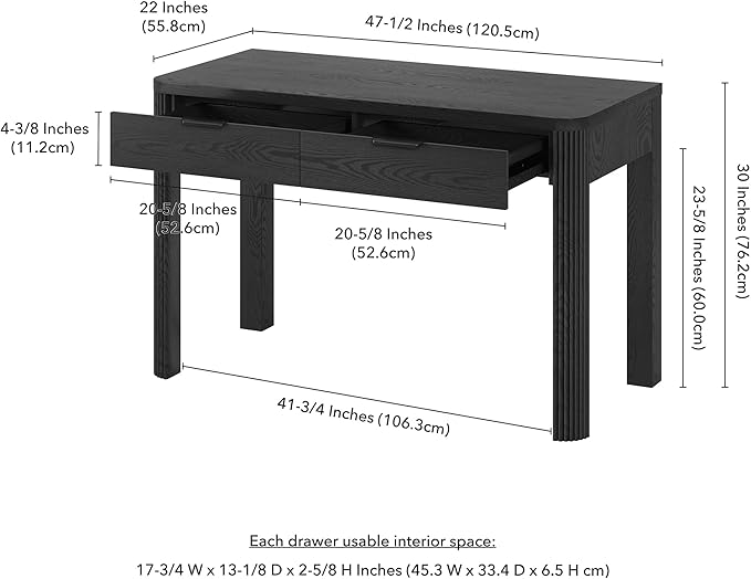 Henn&ampHart 48 Fluted Modern Rectangular Wooden Home Office Desk Computer Desk Writing Table with Ribbed Legs and 2 Storage Drawers for Bedroom Living Room or Home Office Natural Black