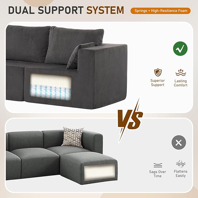 Boneless Cloud Couch with Movable Chaise Ottoman Moudular Sleeper Couch Dual-Core Support Spring &amp High-Resilience Foam 105 Corduroy Couch for Living Room No Assembly Gray