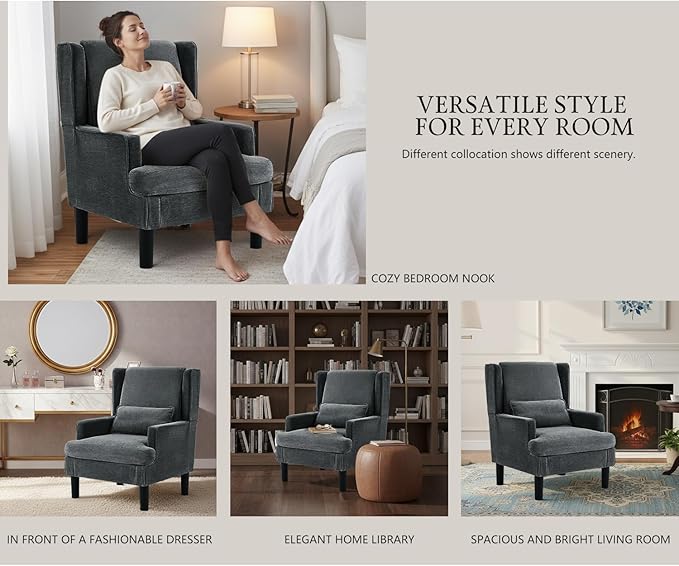 Modern Accent Chair for Living Room Chairs Oversized Reading Chair Accent Chairs for Living Room Sofa Chair with High Back and Wood Legs Upholstered Armchair Comfy Chair for Bedroom(Dark Green)