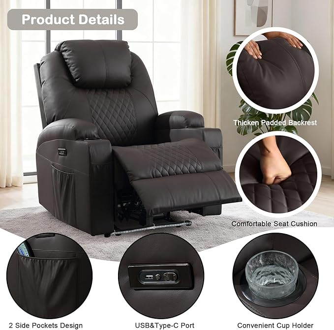 Power Recliner Chair with Heat and Massage for Adults - Home Theater Seating with LED LightsCup HoldersSide PocketUSB Port - Recliner Sofa for Living Room