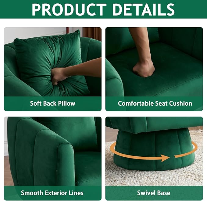 Karl home 360° Swivel Accent Chair Modern Velvet Fabric Living Room Armchair with Fluffy Cushions Comfy Wide Upholstered Barrel Accent Chairs for Living Room Bedroom Lounge Office (Green)