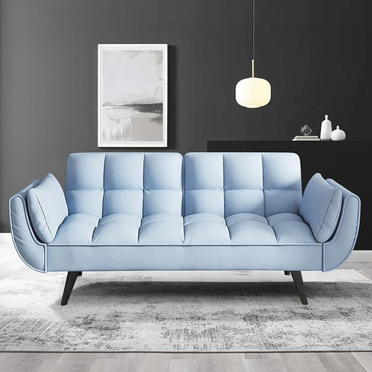 KINFFICT 57 inch Blue Futon Sofa Couch Bed Comfy Velvet Upholstered Loveseat Convertible Sleeper Sofa cama with Adjustable Backrest Mid Century Modern Sofas for Living Room Bedroom Small Space