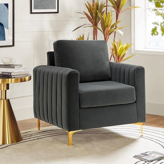 HULALA HOME Velvet Accent Club Chair Modern Velvet Armchair Upholstered Accent Sofa Chair with Gold Metal Legs Mid-Century Barrel Leisure Comfy Reading Armchair Grey