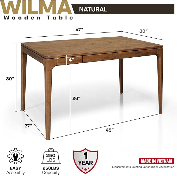 Acacia Wilma 48” Rubber Wood Rectangular Writing Desk for Study Office Desk Dining Table Set for 4 with Storage Drawer Mid-Century Modern Table for Bedroom Dining Room Easy Assembly Natural
