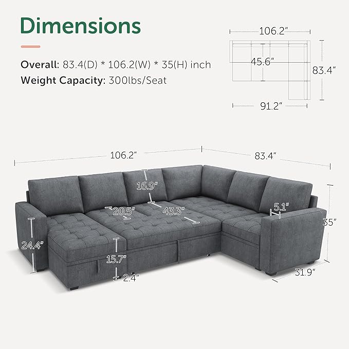 HONBAY Modular Sectional Couch with Pull Out Bed Sleeper Sofa with Storage U Shaped Modular Sectional Couches for Living RoomWarm Bluish Grey