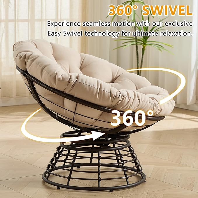 36” Papasan Chair with Cushion and Frame Oversized Papasan Chairs 360° Swivel Polyester Adjustable Feet Suitable for Living Room Patio Bedroom Indoor/Outdoor (Beige)