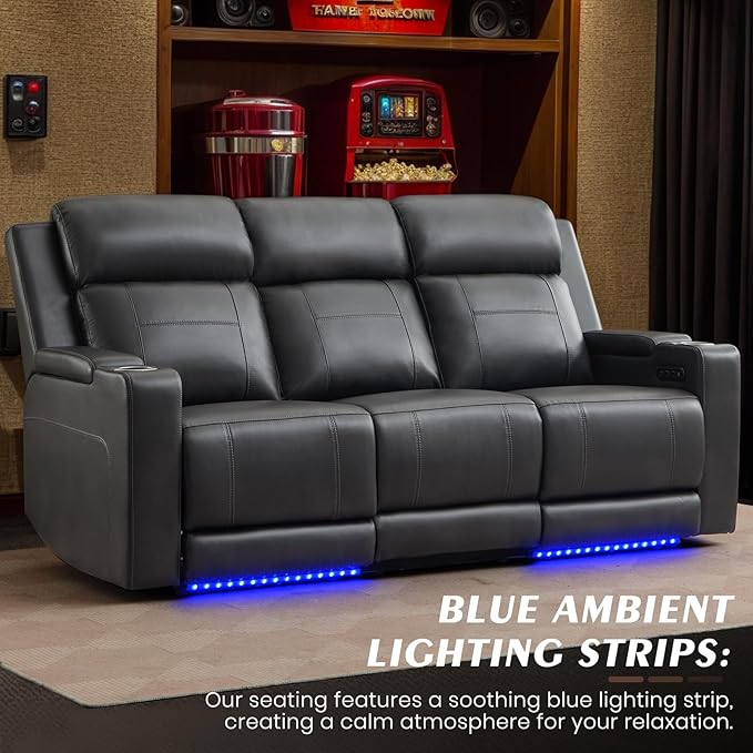 Power Reclining Sofa with Adjustable Headrest/LED Light Electric Reclining Couch with Dual Ports Storage Outlet Power Loveseat Recliner Sofa for Living RoomApartment (Dark Grey 3 Seater)