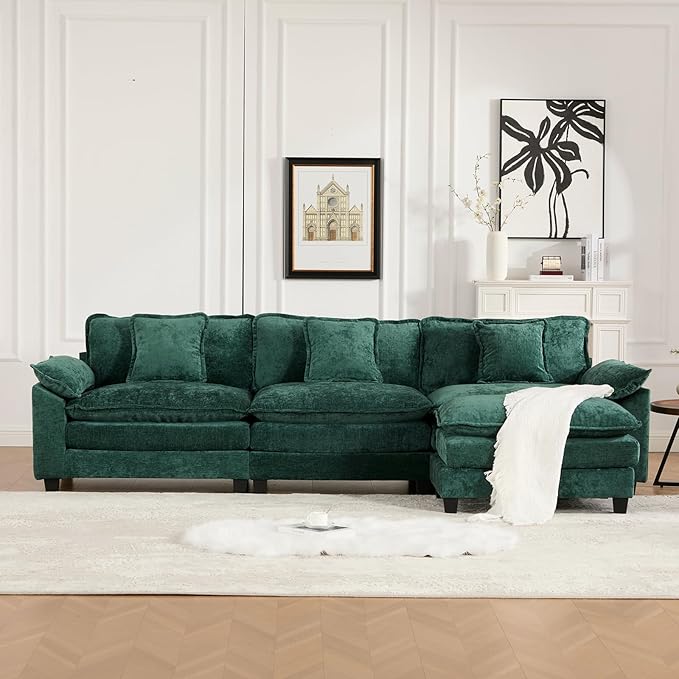 117.3” Green Modular Sectional Sofa 3 Seater Large Sectional Couches for Living Room Chenille Fabric Oversized Cloud Couch with Ottoman Deep Seat Wide Armrest Home Sofas Set Sofá Moderno L Shaped