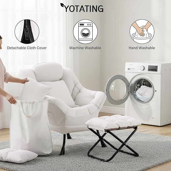 Lazy Chair with Ottoman Modern Accent Leisure Sofa Chair with Footrest Stool &amp Throw Pillow Modern Lounge Chair with Armrests for Living Room Beige