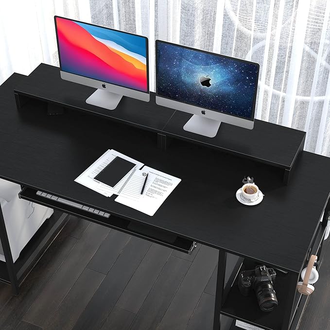 Workstation Desk with Keyboard Tray 55 Inch Computer Desk with Storage Shelves Monitor Stands and 4 Iron Hooks Industrial Desk for Home Office
