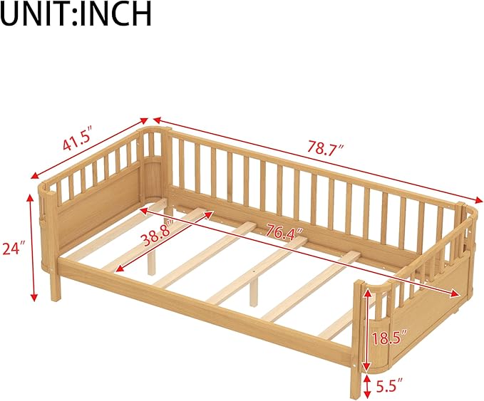 Bellemave Twin Size Montessori Bed with Fence and Slats Natural