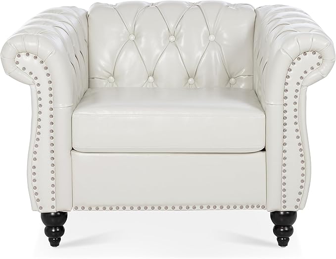38.98''Single Chesterfield Sofa Mid Century Modern Tufted Sofa Chair with Rolled Arms and Nailhead Upholstered Leather Accent Chair with Solid Wood Legs for Living Room Office White PU