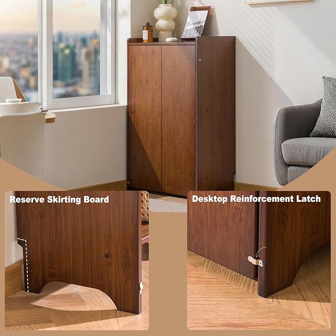 Bamboo Folding Desk with Storage Shelves Space Saving Mid Century Modern Bookcase with Drop Down Table Hide Away Desk for Home Bedroom Study Office