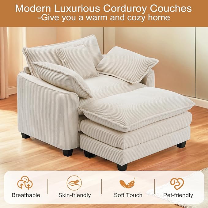 Furniliving Oversized Accent Chair with Ottoman Luxury Corduroy Single Sofa Upholstered Deep Seat Chaise Lounge with Pillows for Living Room Bedroom Apartment Beige