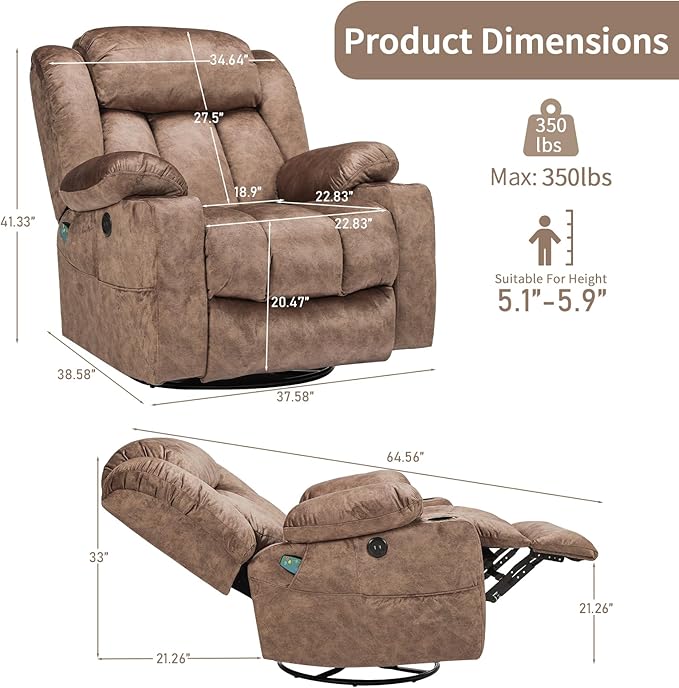 Swivel Rocker Recliner Chair with Heat and Massage Manual Glider Rocking Reclining Chair 360° Swivel Overstuffed Lounge Chair with 2 Cup Holders Side Pockets &amp USB Ports Fabric Brown