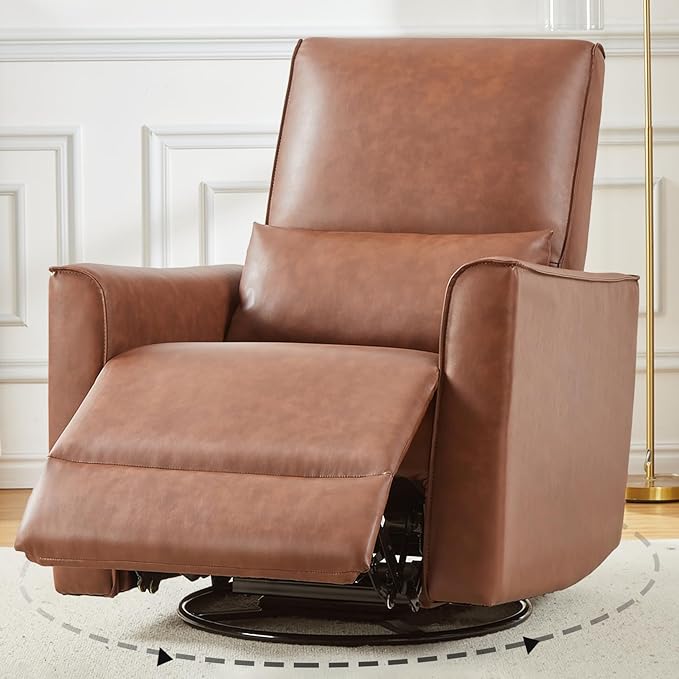 GAOMON Swivel Rocking Recliner Chair Manual Leather Recliner Glider with Lumbar Support &amp Padded Armrest Comfortable Rocker Nursery Single Sofa for Living Room and Bedroom (Brown)