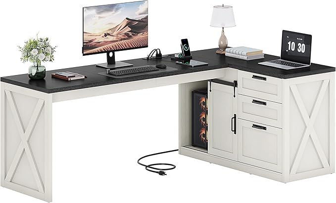 Farmhouse L Shaped Office Desk with Drawers 78 Inch L Shape Desk Executive Office Desk with File Cabinet Storage Shelves and Power Outlets for Home Office White and Black